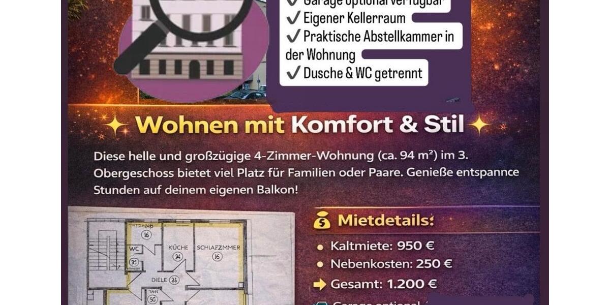 Etagenwohnung Wuppertal Arrenberg - 4 Zimmer, 94 m&sup2;, 950&euro; | Angebot:26124598