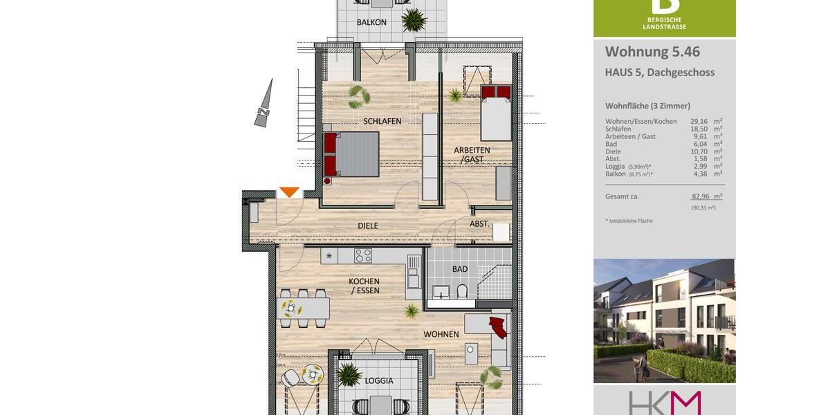Dachgeschoßwohnung Leverkusen Schlebusch - 3 Zimmer, 83 m&sup2;, 1.370&euro; | Angebot:25407799