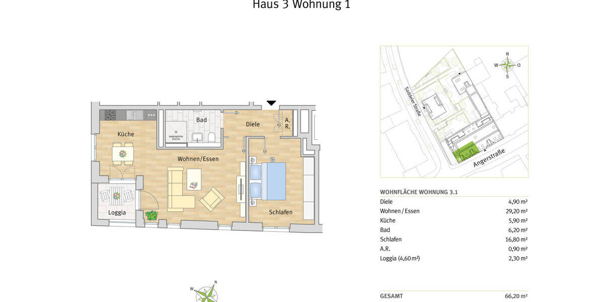 Etagenwohnung Düsseldorf Urdenbach - 2 Zimmer, 66 m&sup2;, 566.600&euro; | Angebot:26189468